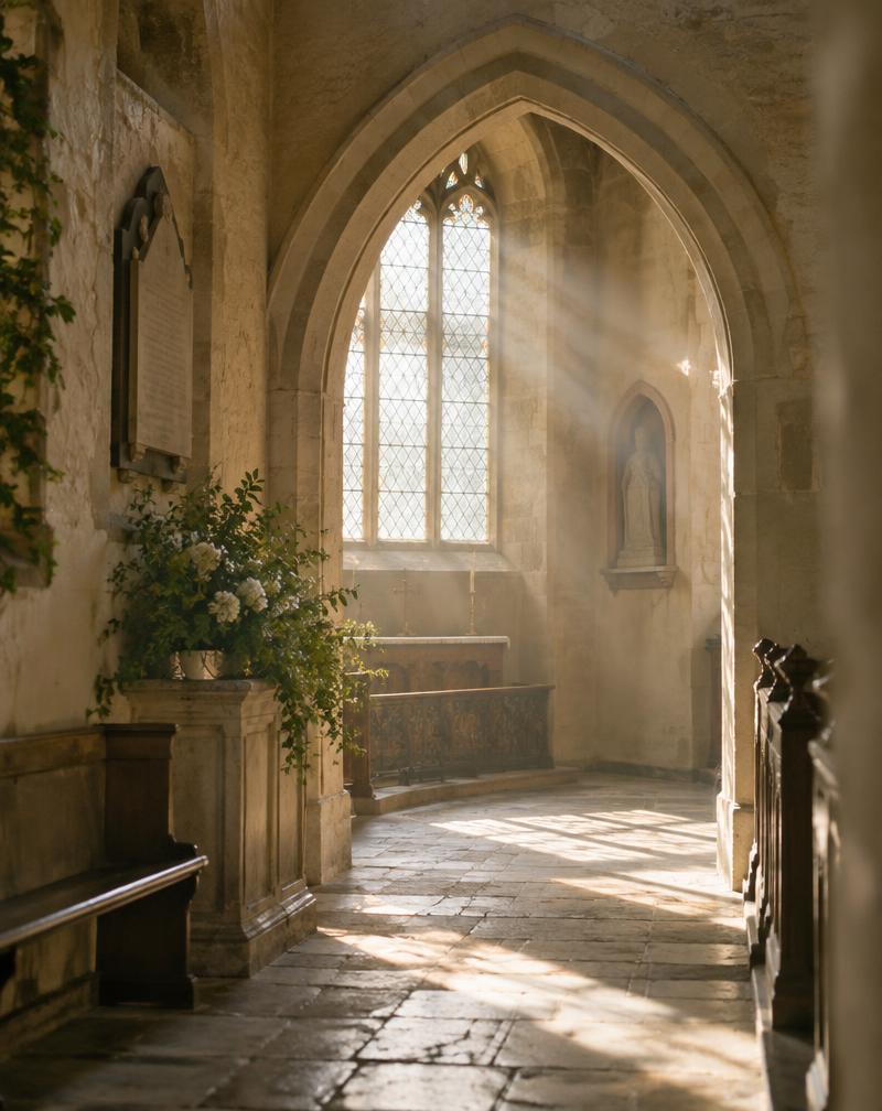 Morning light through a stone chapel archway